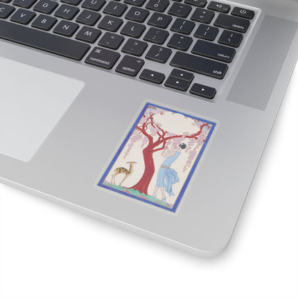 Woman, Fawn, and Red Tree by George Barbier Kiss-Cut Stickers (4 Sizes)