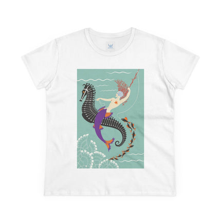 Mermaid on Seahorse Women's Midweight Cotton Tee – Dreamy Ocean Fantasy