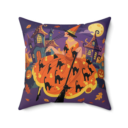 🐈‍⬛🎃 The Black Cat Witch Of Pumpkin Manor Square Pillow – Whimsical Halloween Charm
