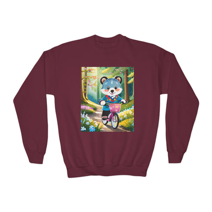 Furry Cyclist Youth Crewneck Sweatshirt – Playful Adventure on Two Wheels