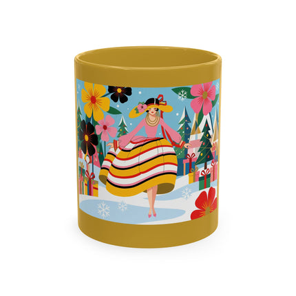 🎄🌸 The Lady Of The Striped Christmas Garden Ceramic Mug – Art Deco Holiday Whimsy