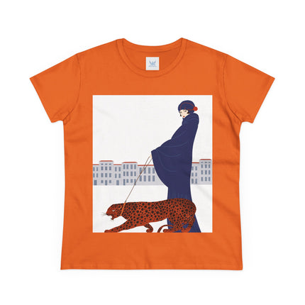 🐆🖤 The Lady With The Leopard Cotton Tee – Art Deco Fashion Illustration