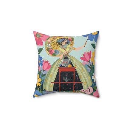 🌸🪞 The Lady Of The Floral Parasol Square Pillow – Art Deco Garden Whimsy