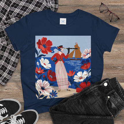 ⚓🌺 The Seaside Flower Adventurer Cotton Tee – Art Deco Nautical Fashion