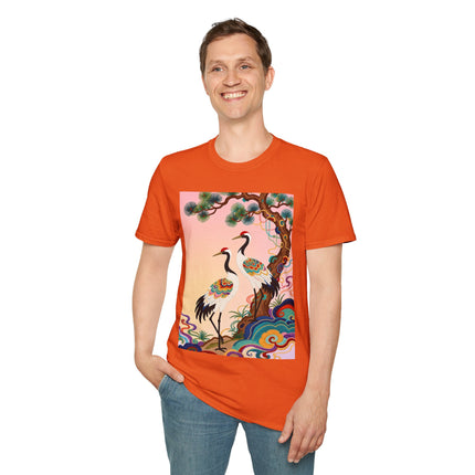 🐦🌸 The Enchanted Crane Garden Softstyle T-Shirt – Oriental Elegance & Colorful Harmony