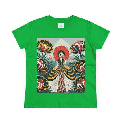 ❤️🌺 The Scarlet Parasol Garden Cotton Tee – Art Deco Floral Elegance