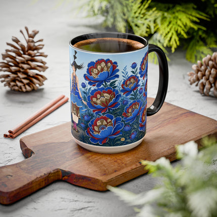 💙🌺 The Sapphire Blossom Garden Dancer Colorful Mug – Art Deco Fashion Fantasy