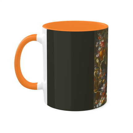 Still Life With Birds Beside An Ornate Fountain by Nicola Casissa Colorful Mugs, 11oz