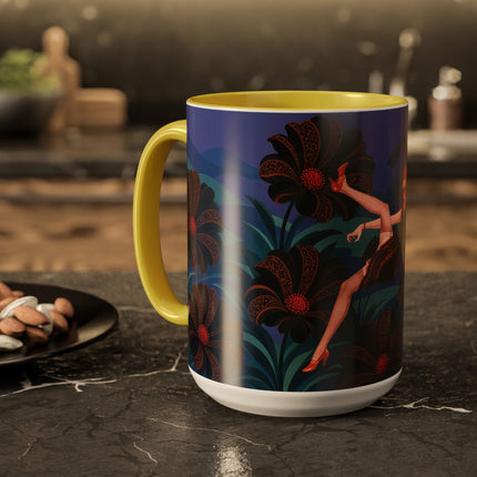🖤🌺 The Midnight Floral Acrobat Colorful Mug – Art Deco Fashion Whimsy