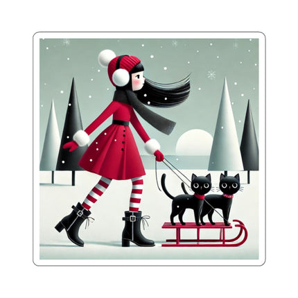 Red Sled & Curious Cats Kiss-Cut Stickers (4 Sizes)