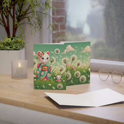 🌸🌬️ The Dandelion Wishes Kitten Greeting Card – Whimsical Floral Meadow