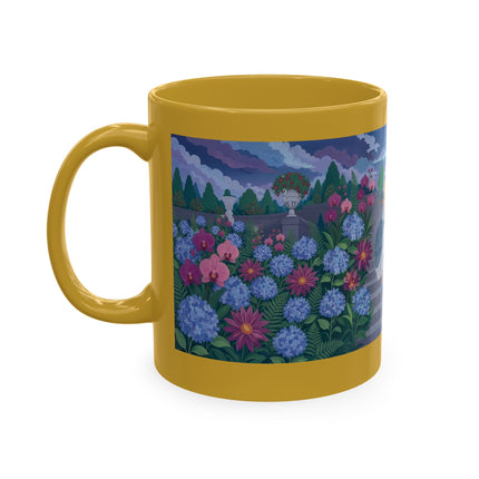 🦚🌸 The Lady & The Peacock On The Garden Steps Ceramic Mug – Art Deco Garden Elegance
