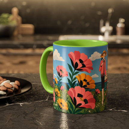 🌸⛵ The Seaside Blossom Promenade Colorful Mug – Art Deco Coastal Elegance