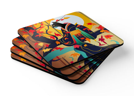 Black Cat in Kimono Corkwood Coaster Set