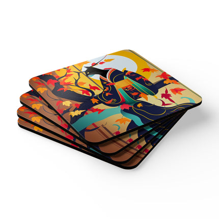 Black Cat in Kimono Corkwood Coaster Set