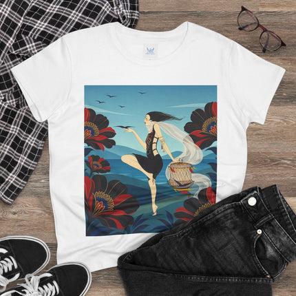 🌊🌺 The Lady Of The Wild Wind Cotton Tee – Art Deco Coastal Fantasy