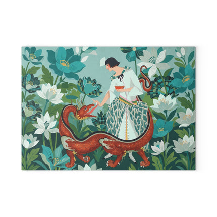 🐉🌿 The Lady And The Crimson Dragon Glass Cutting Board – Art Deco Garden Fantasy