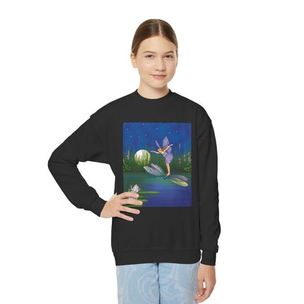 Fairy on a Dragonfly Youth Crewneck Sweatshirt – Enchanting Moonlit Fantasy