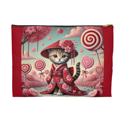 Whimsical Geisha Kitten in a Valentine Garden Accessory Pouch