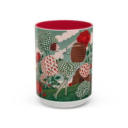 🌹💚 The Scarlet Rose Checkerboard Garden Colorful Mug – Art Deco Floral Whimsy