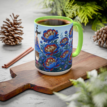 💙🌺 The Sapphire Blossom Garden Dancer Colorful Mug – Art Deco Fashion Fantasy