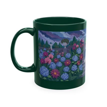 🦚🌸 The Lady & The Peacock On The Garden Steps Ceramic Mug – Art Deco Garden Elegance