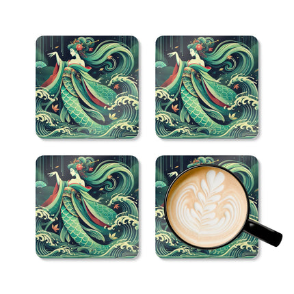 Mermaid Queen Rising from the Deep Corkwood Coaster Set