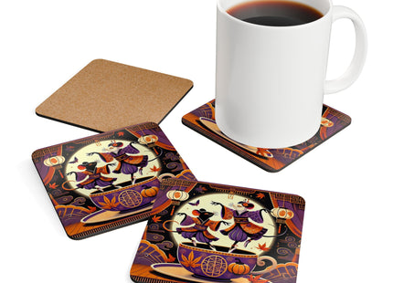 Theatrical Halloween Kabuki Mice on Teacup Corkwood Coaster Set