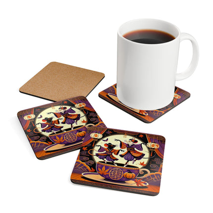 Theatrical Halloween Kabuki Mice on Teacup Corkwood Coaster Set