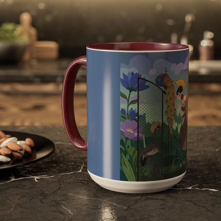 The Lady And The Enchanted Heron Colorful Mugs – Art Deco Botanical Elegance