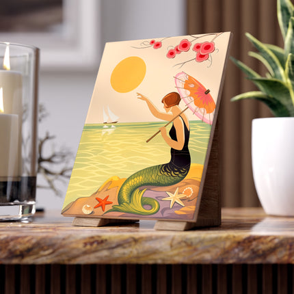 🧜‍♀️☂️ The Mermaid With The Parasol Ceramic Tile – Art Deco Seaside Fantasy