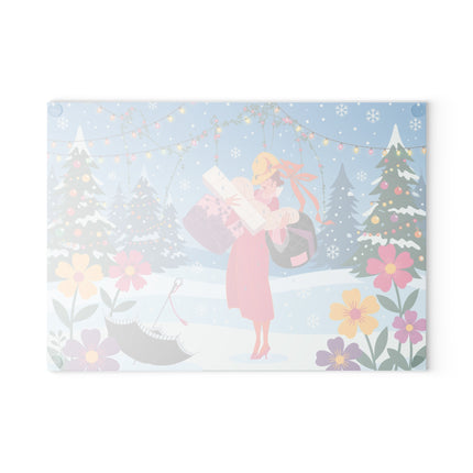 🎁🎄 The Christmas Gift Garden Glass Cutting Board – Whimsical Holiday Fantasy