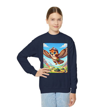 Red-Tailed Hawk in Battle Youth Crewneck Sweatshirt – Flight, Focus & Fearless Energy