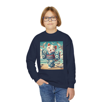 Geisha Kitten by the Seaside Youth Crewneck Sweatshirt – Coastal Charm, Joy & Whimsical Elegance