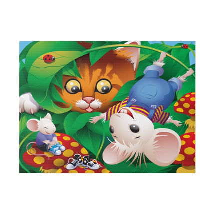 Whimsical Adventure – Playful Cat and Mice in a Colorful Forest