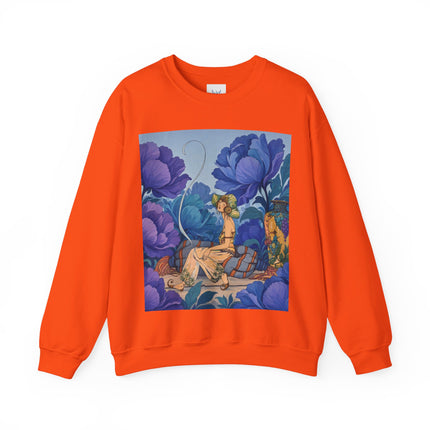 💙🌸 The Lady Among The Blue Blossoms Crewneck Sweatshirt – Art Deco Floral Reverie