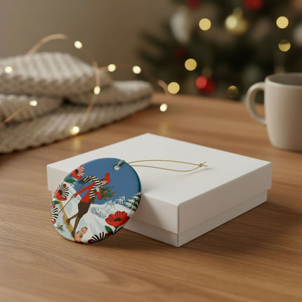 🎿🎄 The Christmas Holly Skier Ceramic Ornament – Whimsical Holiday Fantasy