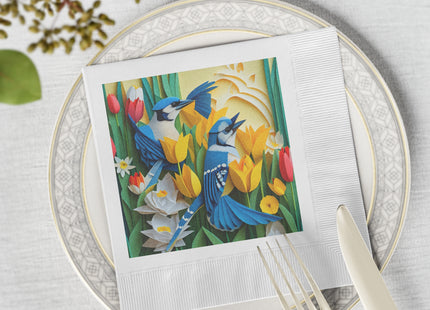 Blue Jays in a Spring Garden White Coined Napkins