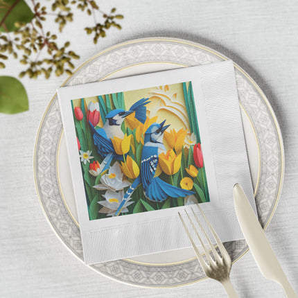 Blue Jays in a Spring Garden White Coined Napkins