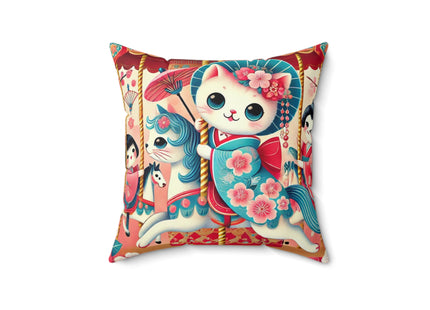 Geisha Kitten's Enchanted Carousel Ride Spun Polyester Square Pillow