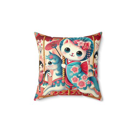 Geisha Kitten's Enchanted Carousel Ride Spun Polyester Square Pillow