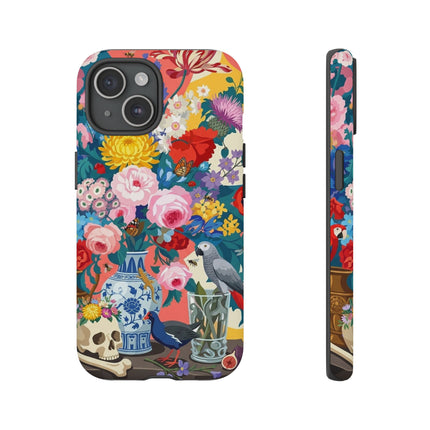 Floral Vanitas Phone Case – Parrot & Porcelain Splendor