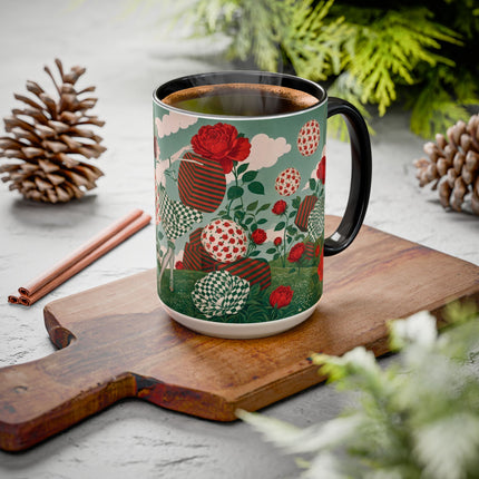 🌹💚 The Scarlet Rose Checkerboard Garden Colorful Mug – Art Deco Floral Whimsy