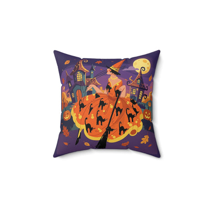 🐈‍⬛🎃 The Black Cat Witch Of Pumpkin Manor Square Pillow – Whimsical Halloween Charm