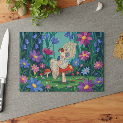 🧚🍄 The Lady Of The Enchanted Mushroom Garden Glass Cutting Board – Art Deco Fairy Garden Fantasy