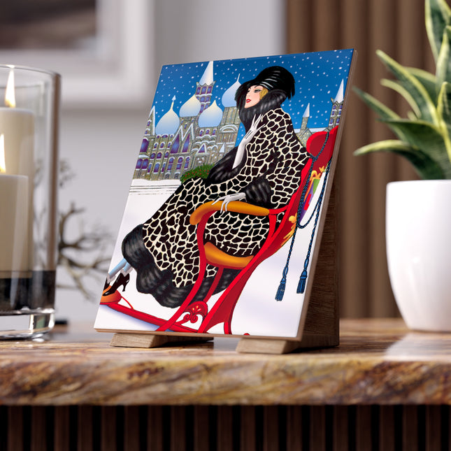 Elegant Winter Woman in Sleigh Ceramic Tile