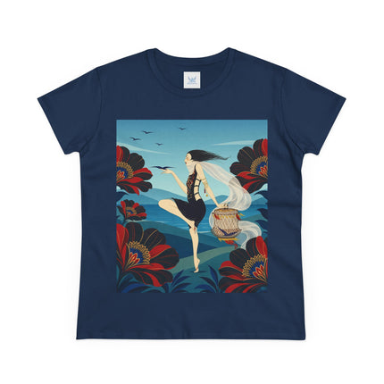 🌊🌺 The Lady Of The Wild Wind Cotton Tee – Art Deco Coastal Fantasy