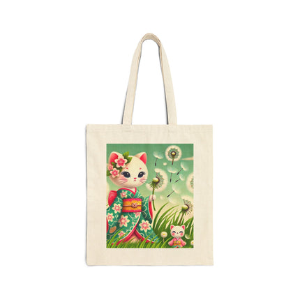 Geisha Kitten and the Dandelion Wish Cotton Canvas Tote Bag – Gentle Wishes & Quiet Wonder