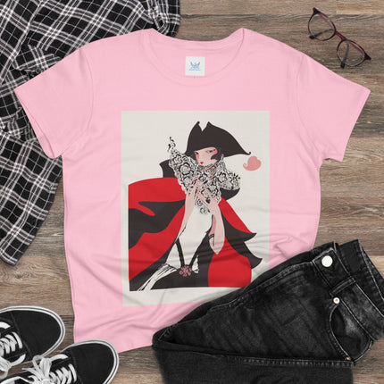 Crimson Masquerade Women's Midweight Cotton Tee – Dramatic Elegance & Art Deco Mystery
