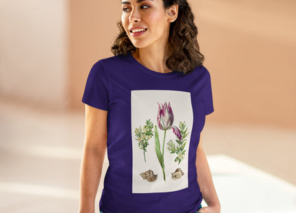 Tulip flower with Two Branches of Myrtle and Shells Cotton Tee